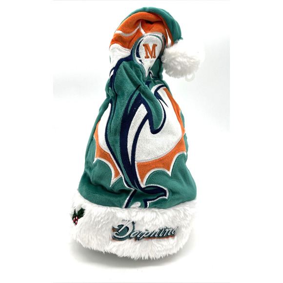 Miami Dolphins Adult Plush NFL Big Logo Solid Color Holiday Santa Hat NWOT - Picture 1 of 7
